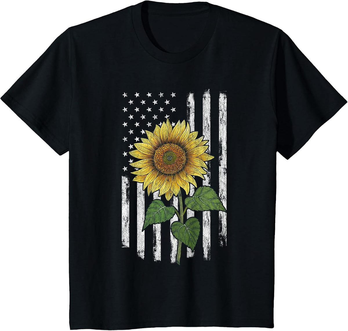 Distressed USA Flag American Flag Yellow Sunflower Summer T-Shirt - Black