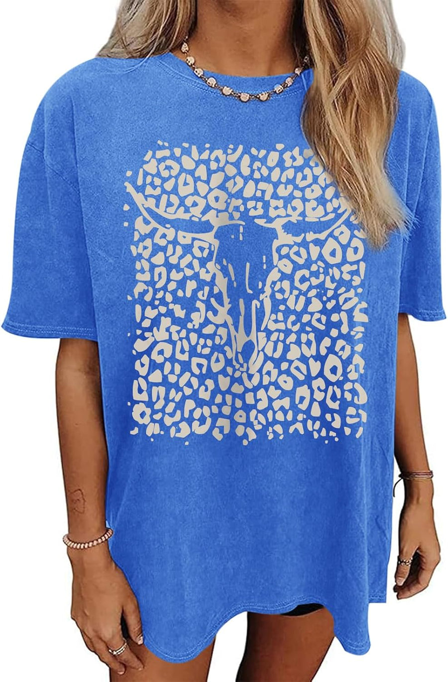 Western Cow Skull Shirts for Women Boho Cowgirl Shirt Vintage Acid Wash Tshirt Oversize Rodeo Graphic Tee Country Top -