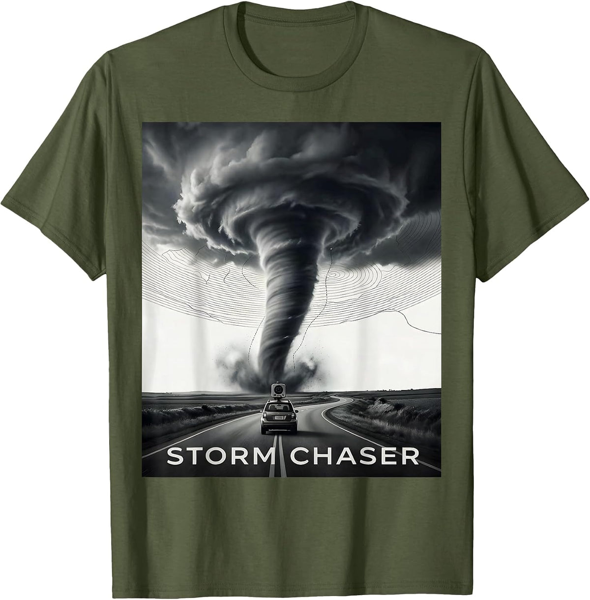 Storm Chaser Monochromatic Tornado Meteorology Enthusiast T-Shirt - Olive Green