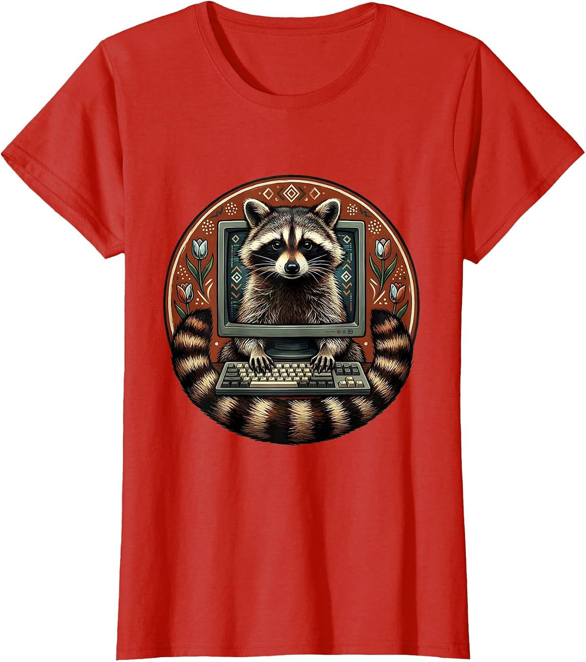 Raccoon Hacker Glowing Computer Graphic Tee T-Shirt - Red