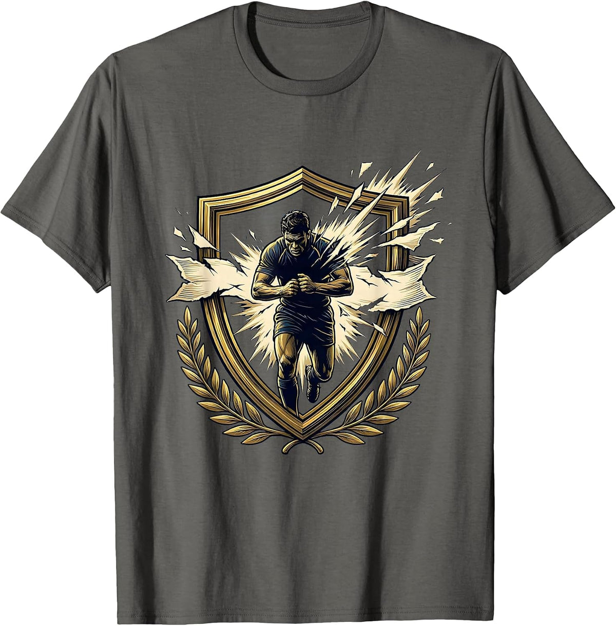 Rugby Player Bursting Through Banner Graphic T-Shirt - Asphalt Grey
