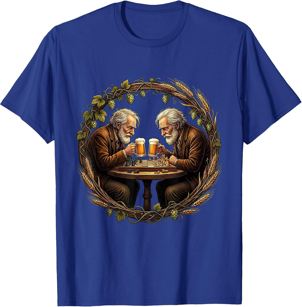 Old Friends Chess and Beer Illustration T-Shirt - Royal Blue