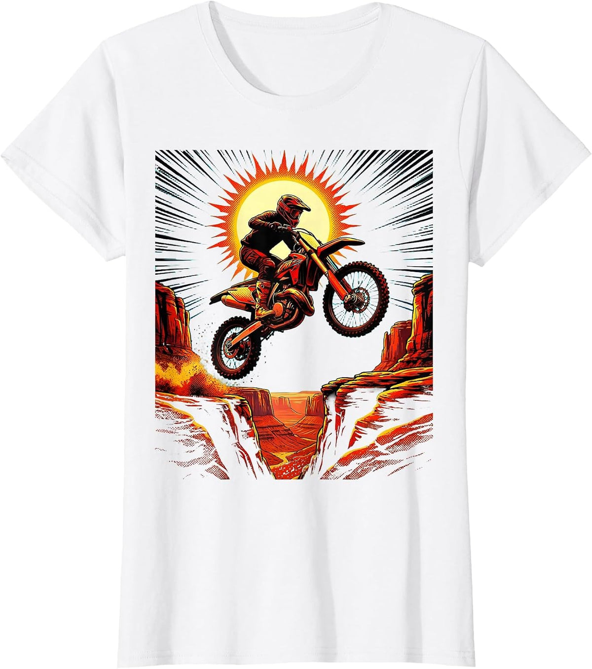 Dirt Bike Desert Canyon Gap Jump Illustration T-Shirt - White