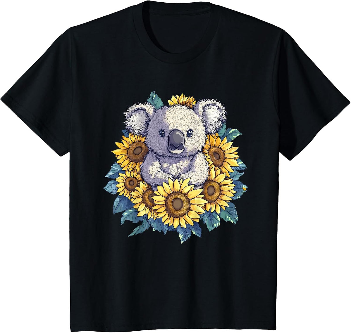 Sunflower Koala Bear Flower Gardening Floral T-Shirt - Black