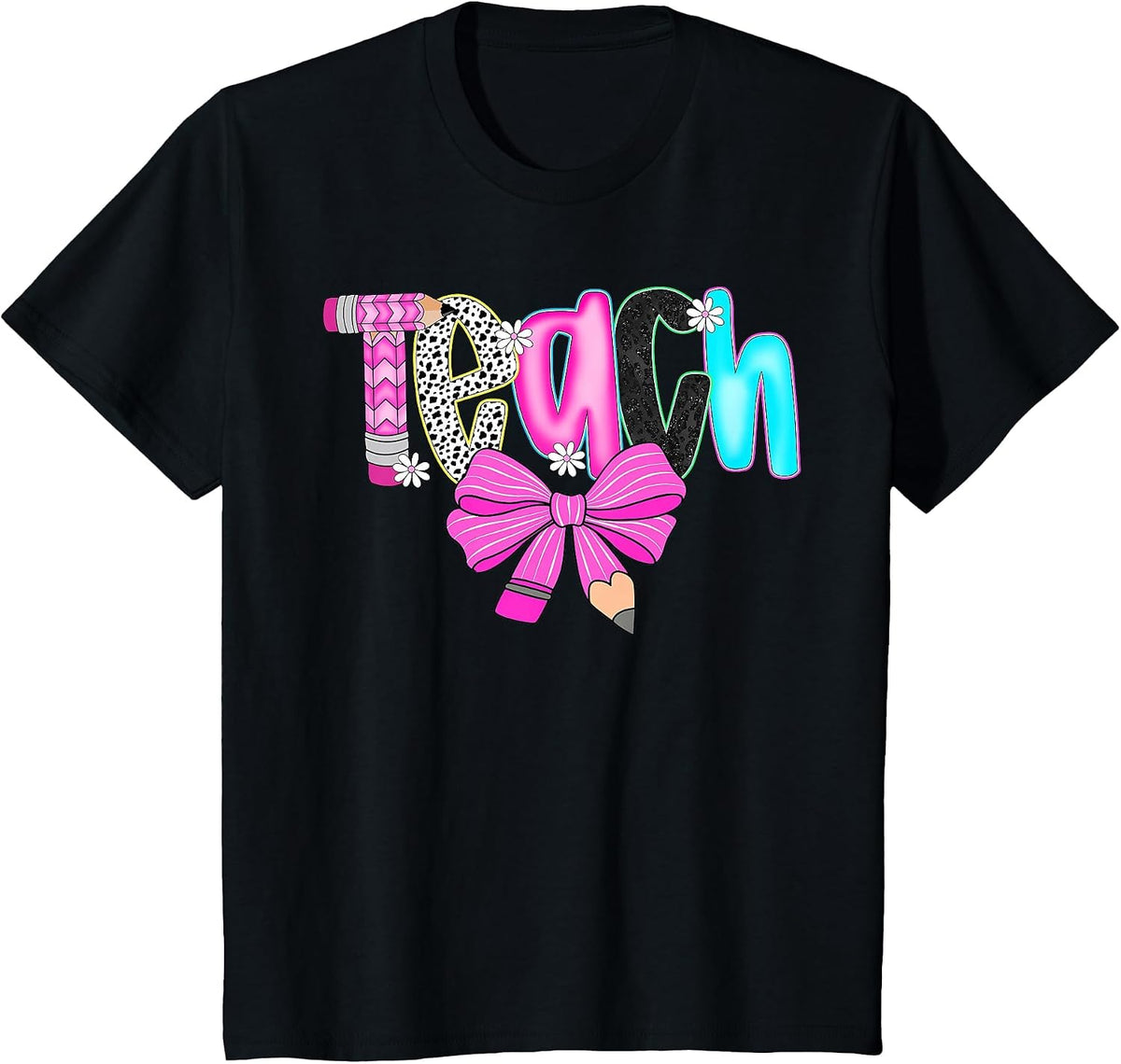 Teach Teacher Coquette Bow Pencil First Day Back to School T-Shirt - Black