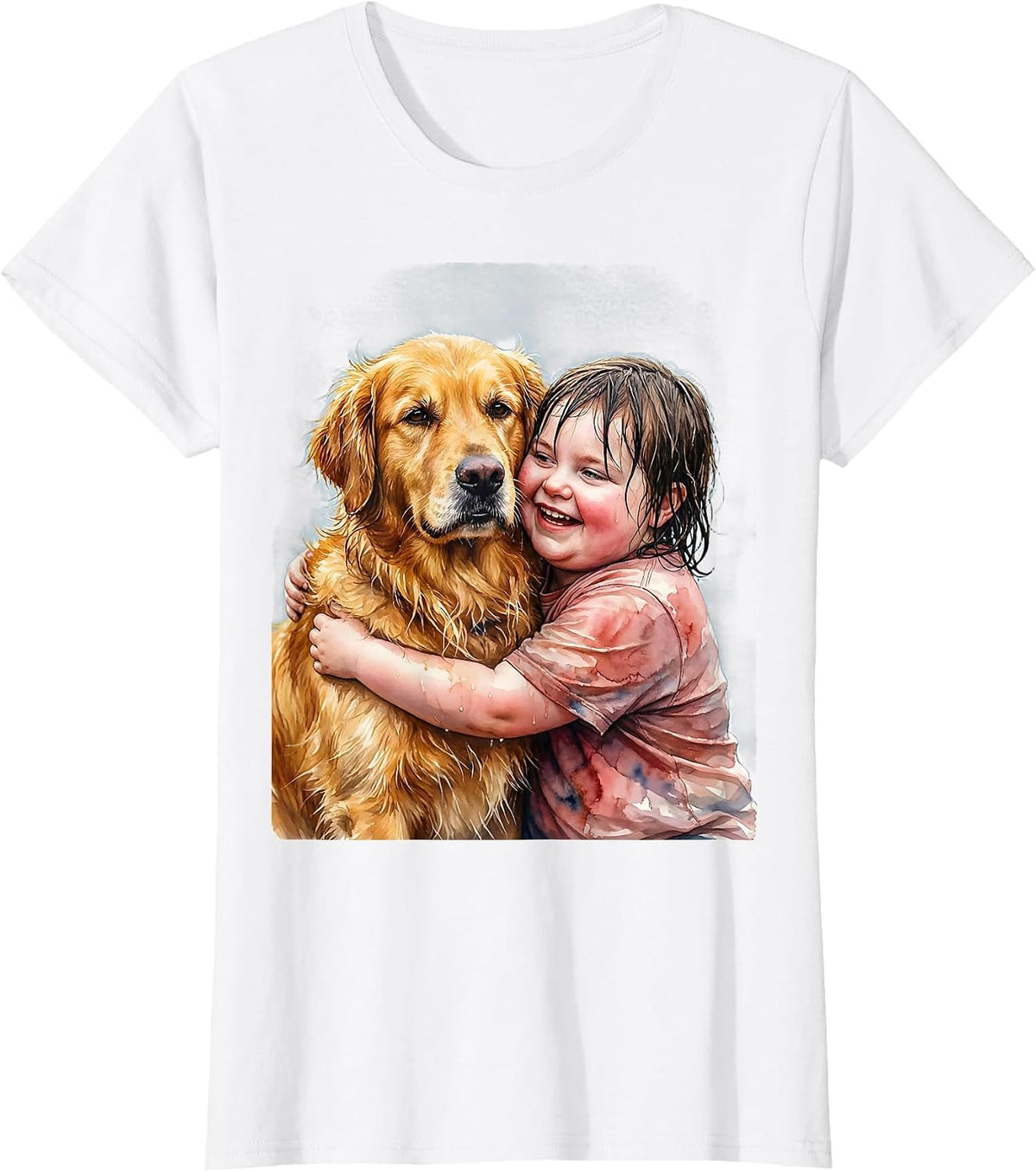 Women's Down Syndrome Awareness Child and Golden Retriever T-Shirt - White