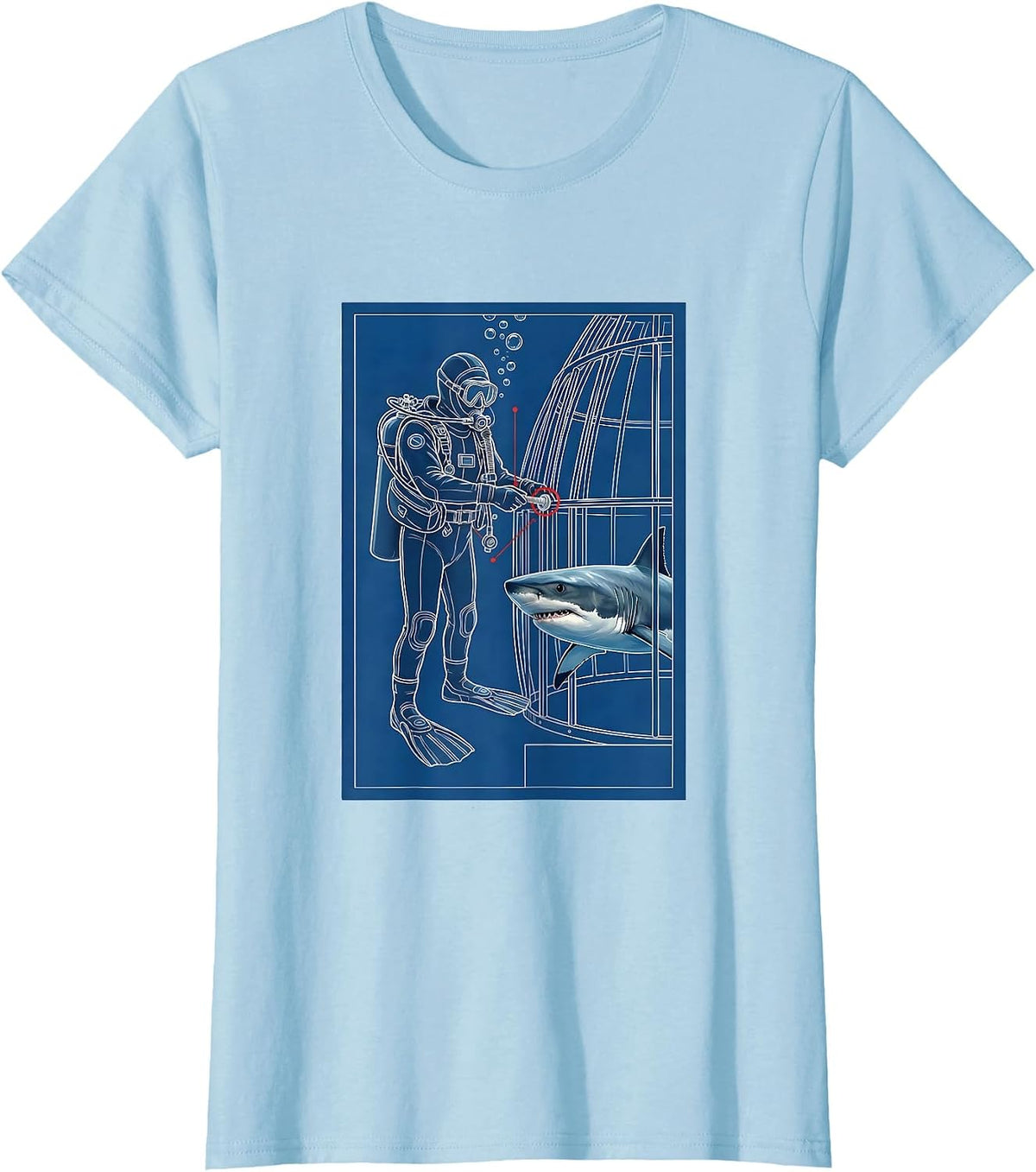 Diver Shark Cage Technical Blueprint Scuba Diving Gift T-Shirt - Baby Blue