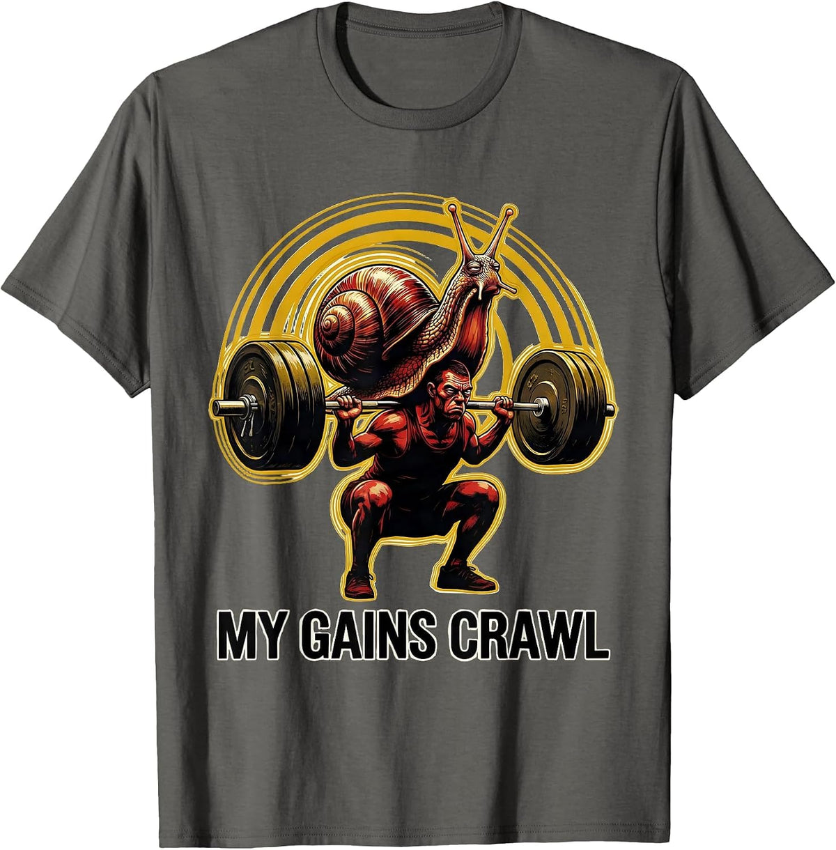 My Gains Crawl Funny Gym Snail Weightlifting Workout Humor T-Shirt - Asphalt Grey