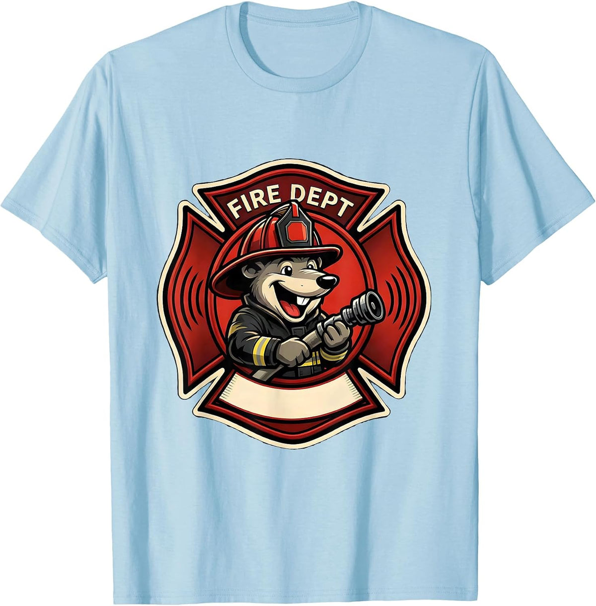 Men's Fire Dept Cheerful Mole Firefighter Mascot Logo Humor T-Shirt - Baby Blue