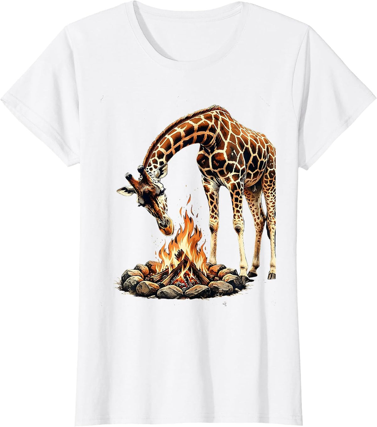 Giraffe Peering Into Campfire Night Scene T-Shirt - White