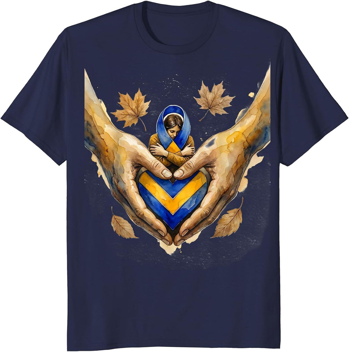 Men's Down Syndrome Support Embrace Watercolor October Awareness T-Shirt - Navy Blue