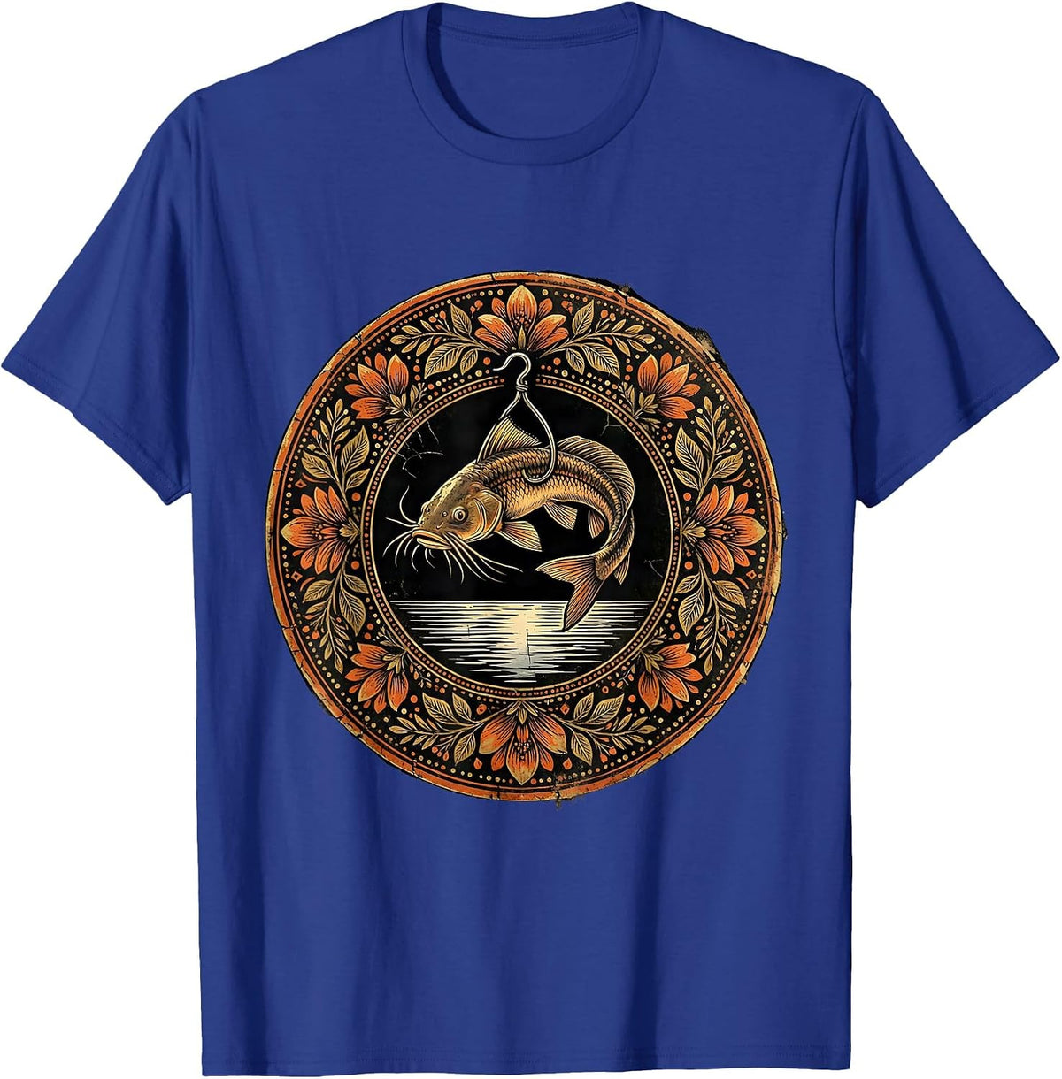 Catfish on a Hook Above Still Water Illustration T-Shirt - Royal Blue