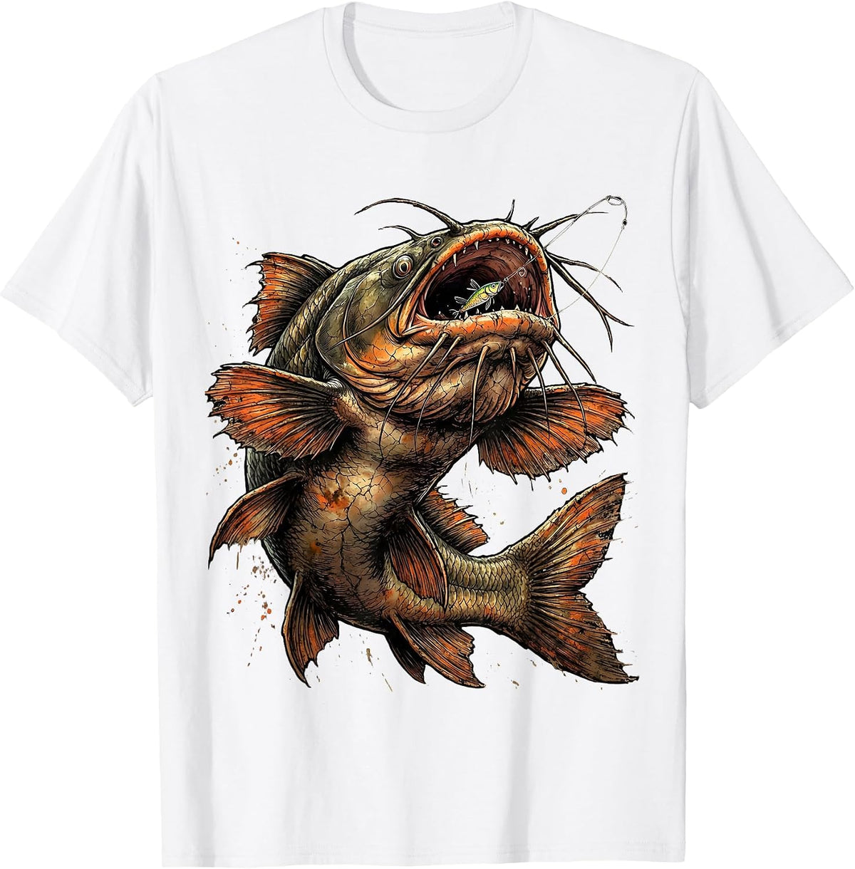 Men's Catfish Swallowing Lure Fishing Graphic T-Shirt - White