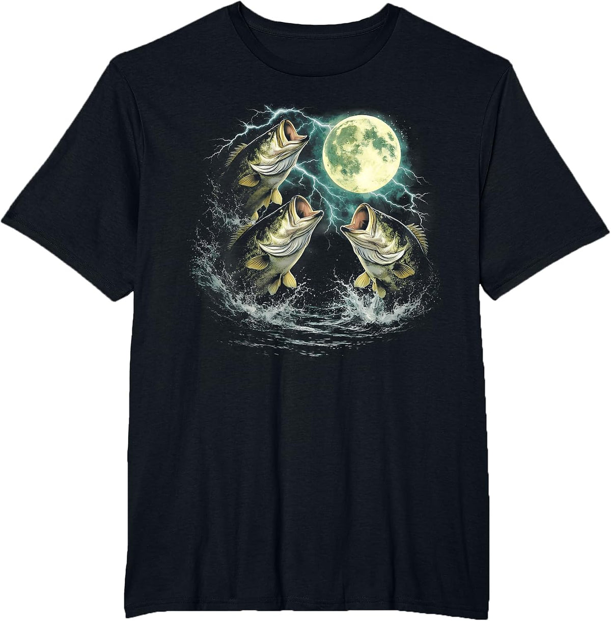Bass Fish Howling to The Moon Vintage Angler Fisherman T-Shirt - Black