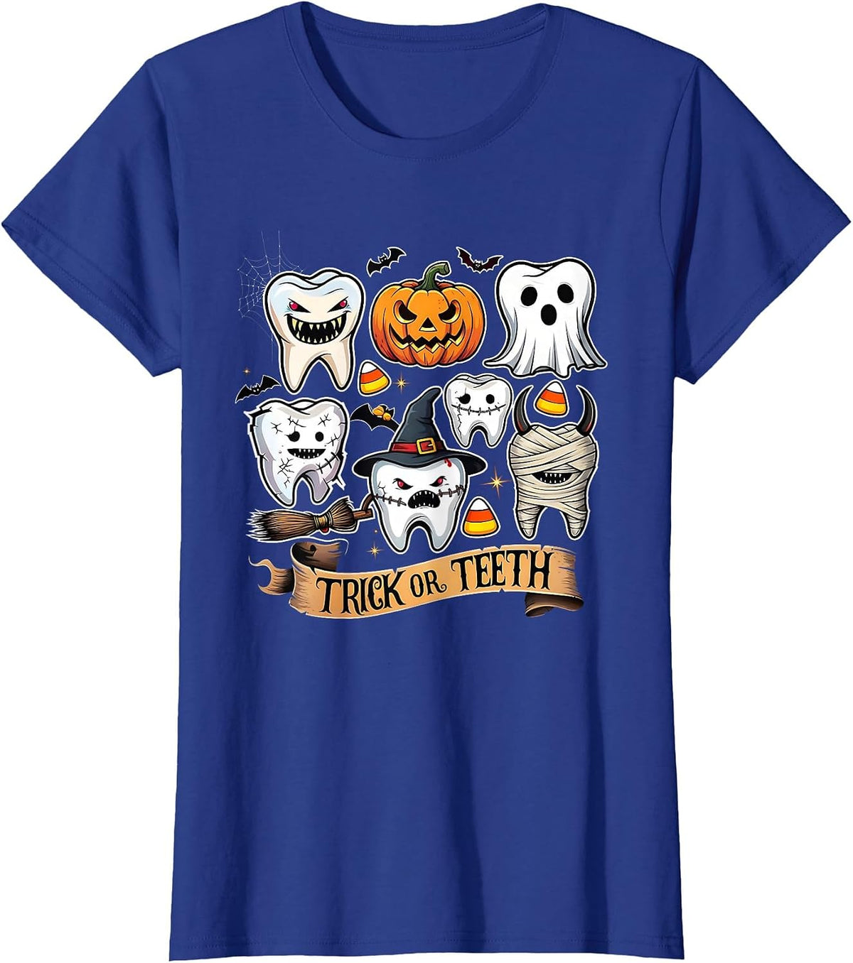 Trick or Teeth Funny Halloween Dentist Tooth Design T-Shirt - Royal Blue