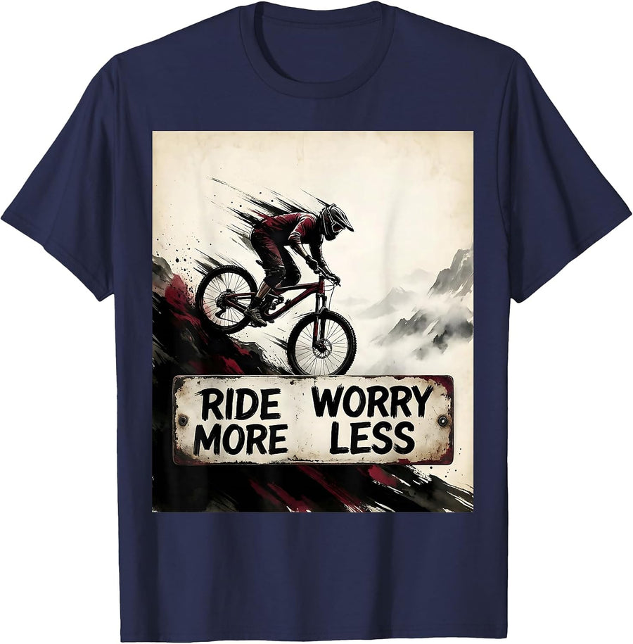 Ride More Worry Less Mountain Bike Design T-Shirt - Navy Blue