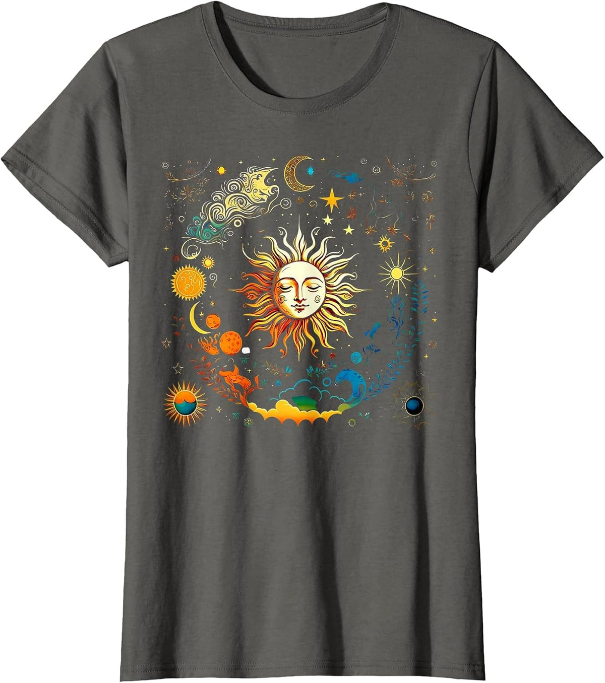 Celestial Sun & Elements Stars Boho Luna Solar Astronomy T-Shirt - Asphalt Grey