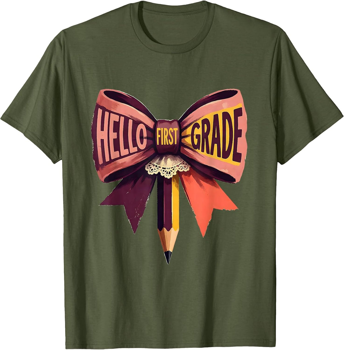 Hello First Grade Cute Coquette Bow Back To School Gift T-Shirt - Olive Green
