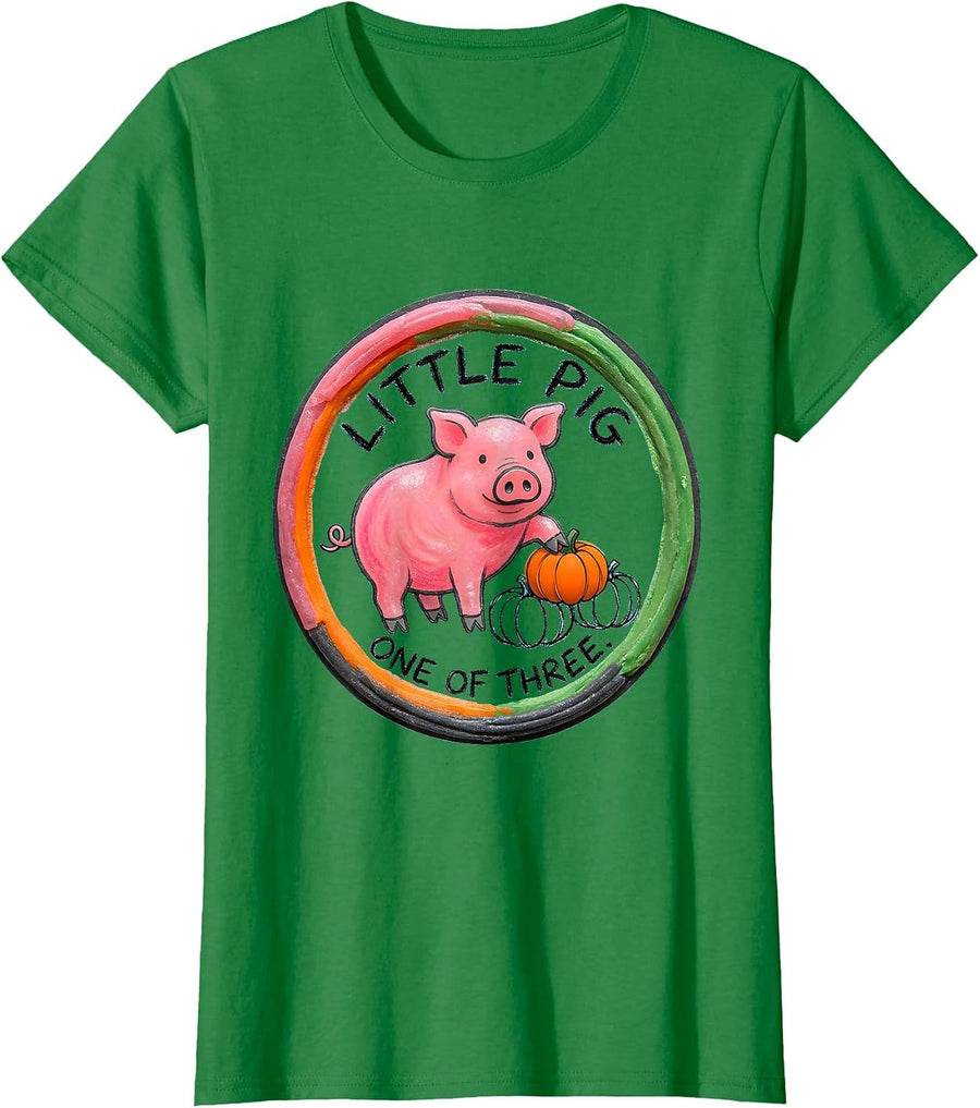 Women's Little Pig One Of Three Naive Kidcore Pig Lover Halloween T-Shirt - Kelly Green