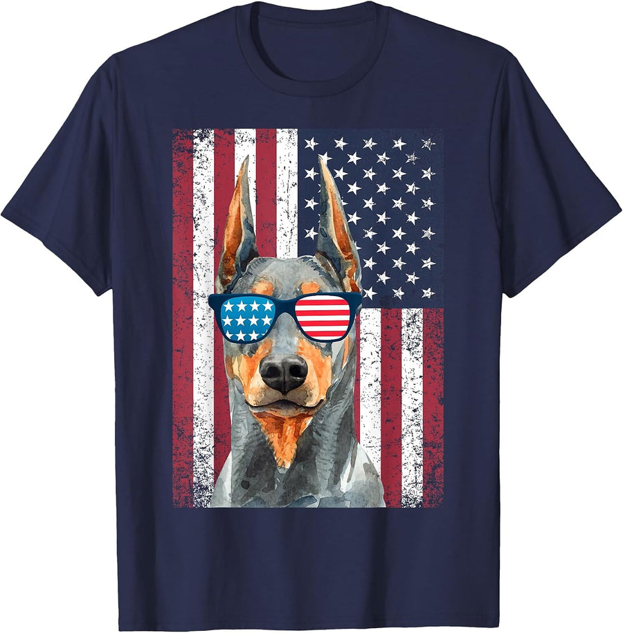 Patriotic Doberman Pinscher 4th of July USA American Flag T-Shirt - Navy Blue