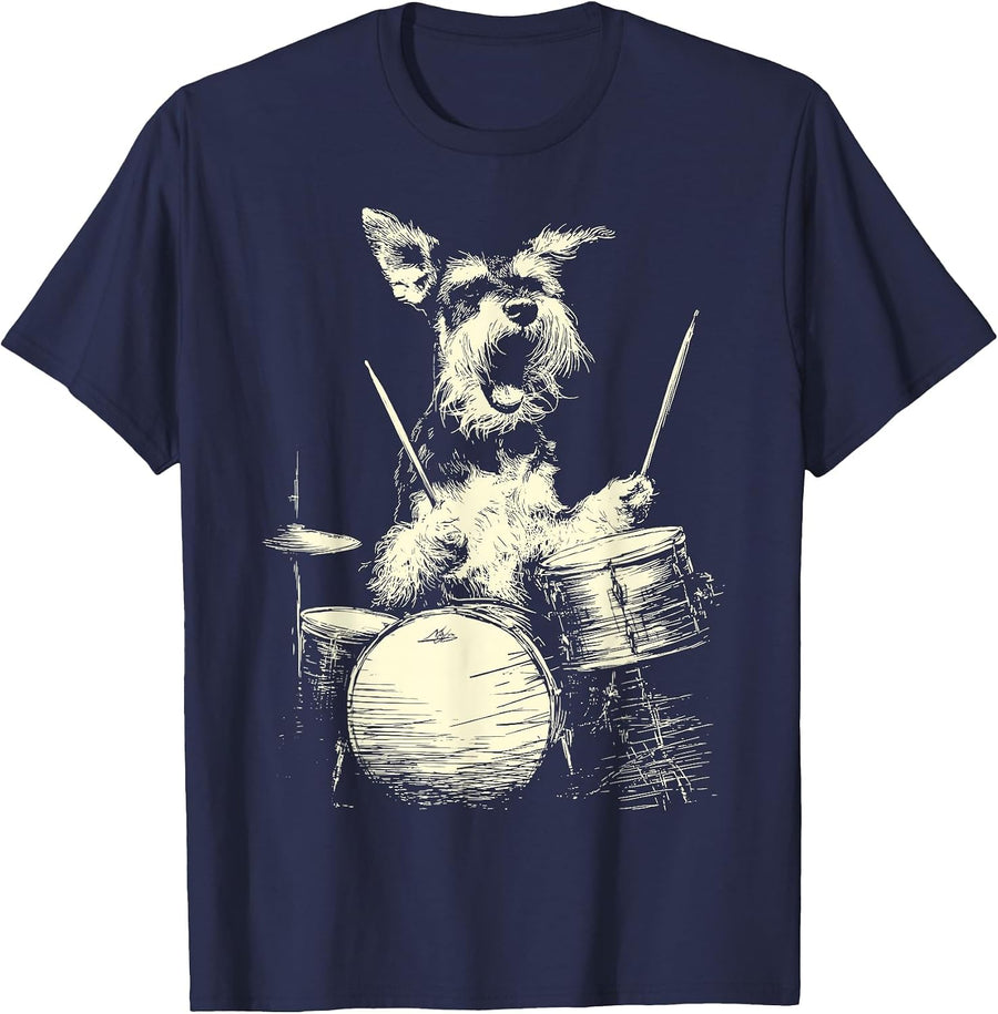 Cute Schnauzer Playing Drums Funny Music Dog Drummer Graphic T-Shirt - Navy Blue