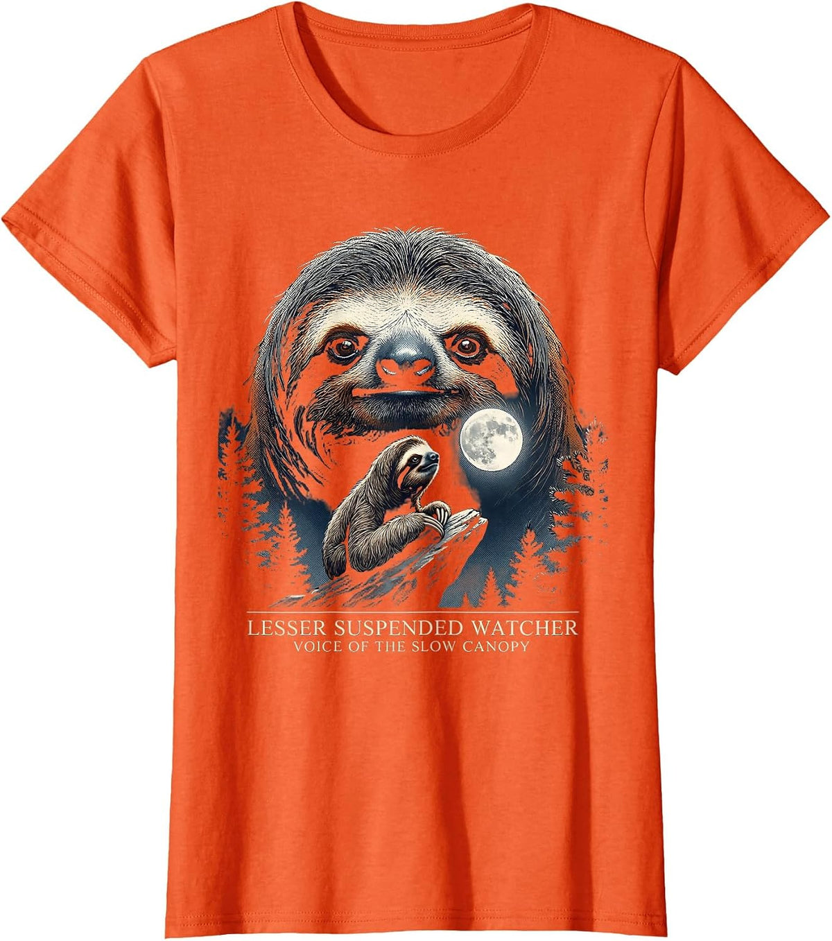 Lesser Suspended Watcher — Voice of the Slow Canopy Sloth T-Shirt - Orange