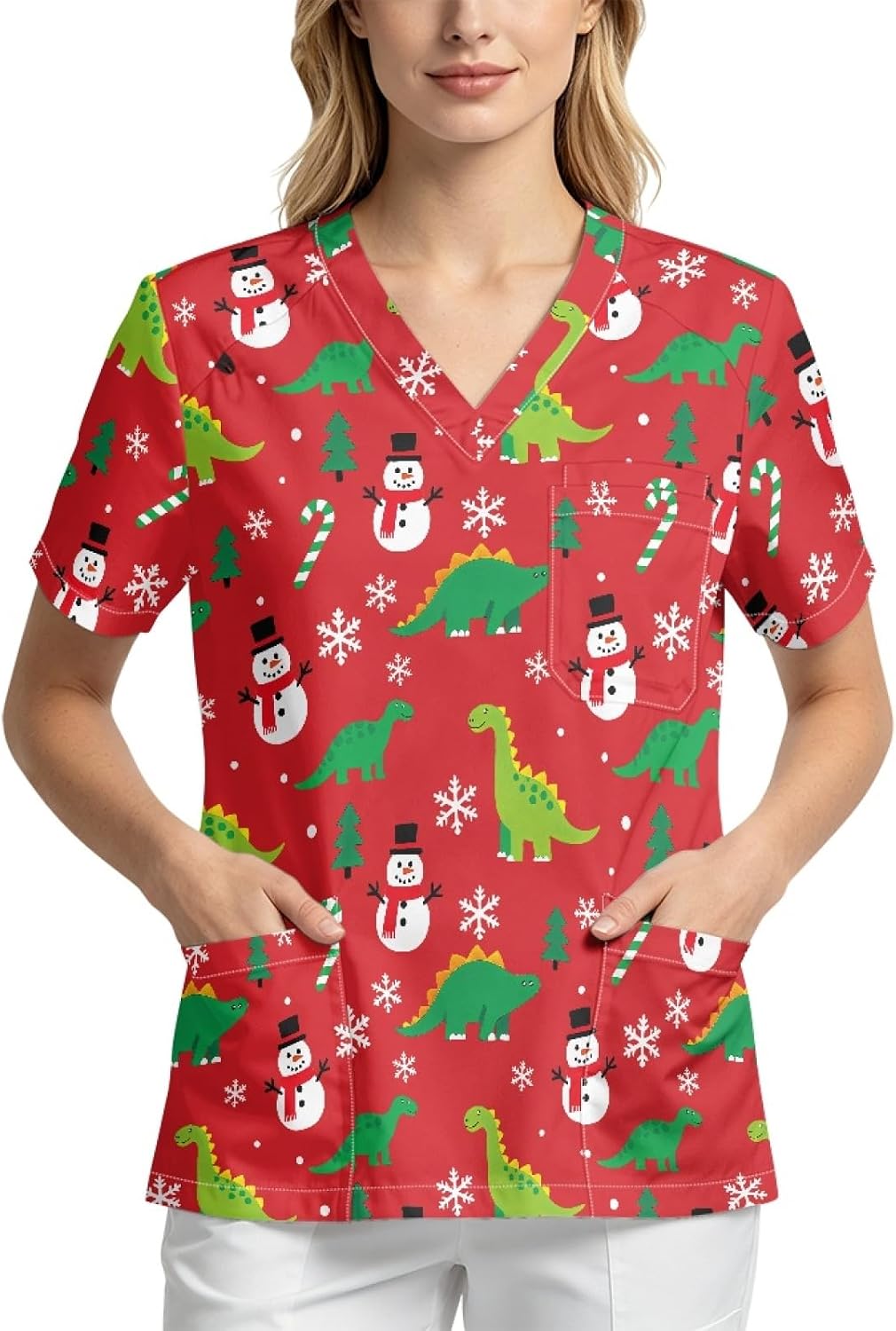 Medical Scrub Tops for Women V-Neck Scrub Tops with 4 Pockets - Snowman Dinosaur Print