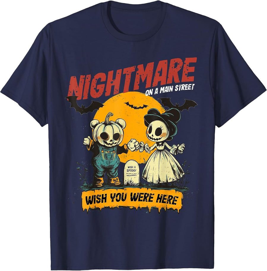 Vintage Mainstreet Halloween Pumpkin On Head Nightmare T-Shirt - Navy Blue