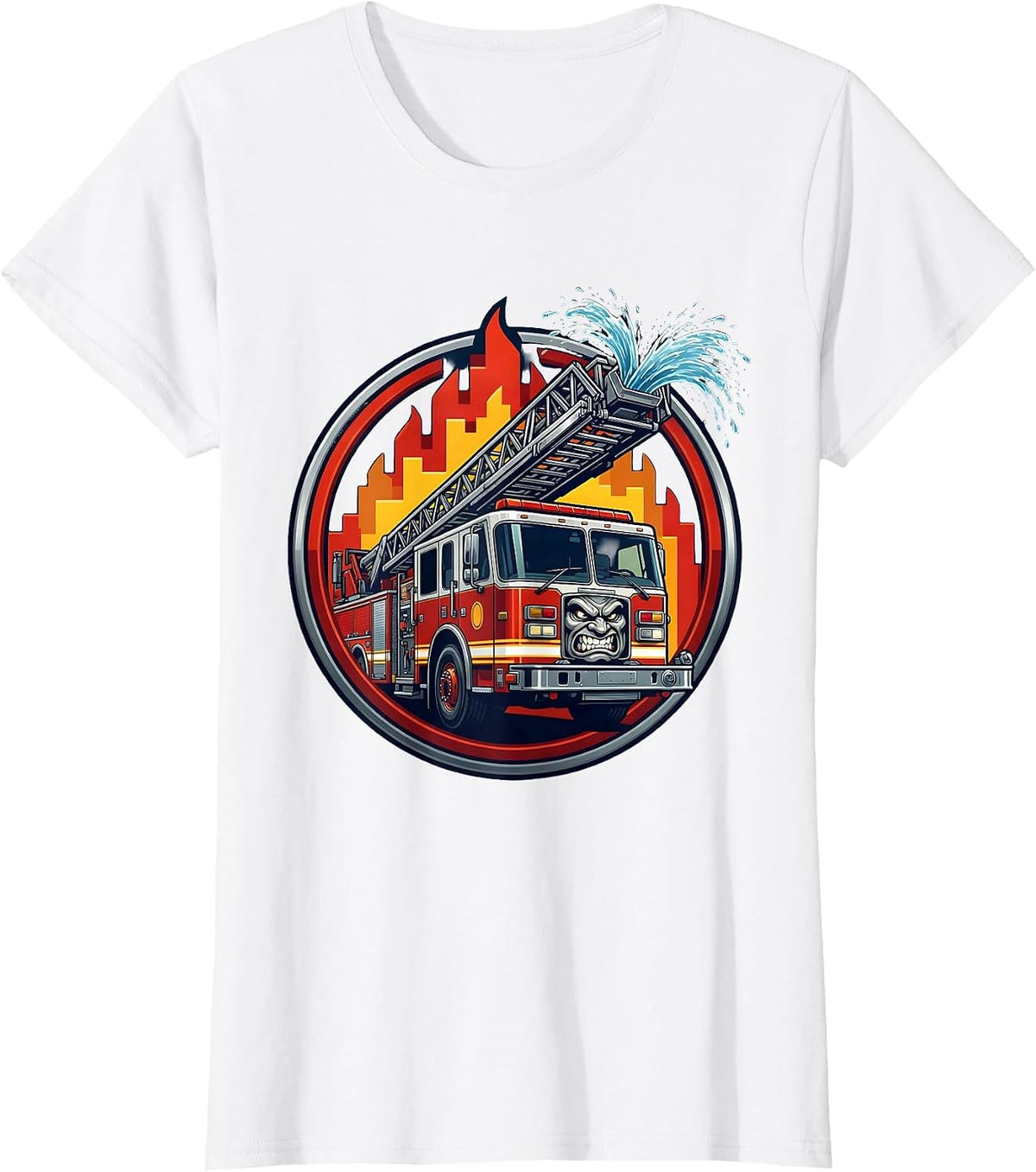 Aerial Ladder Truck Fighting Massive Blaze Firefighter T-Shirt - White