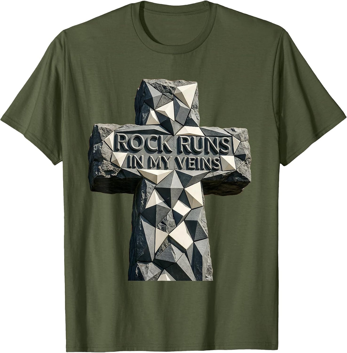Rock Runs In My Veins Music Lover Design T-Shirt - Olive Green