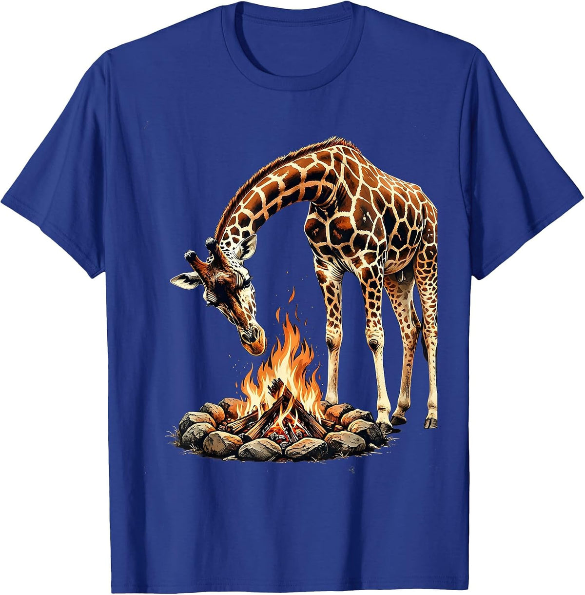 Giraffe Peering Into Campfire Night Scene T-Shirt - Royal Blue