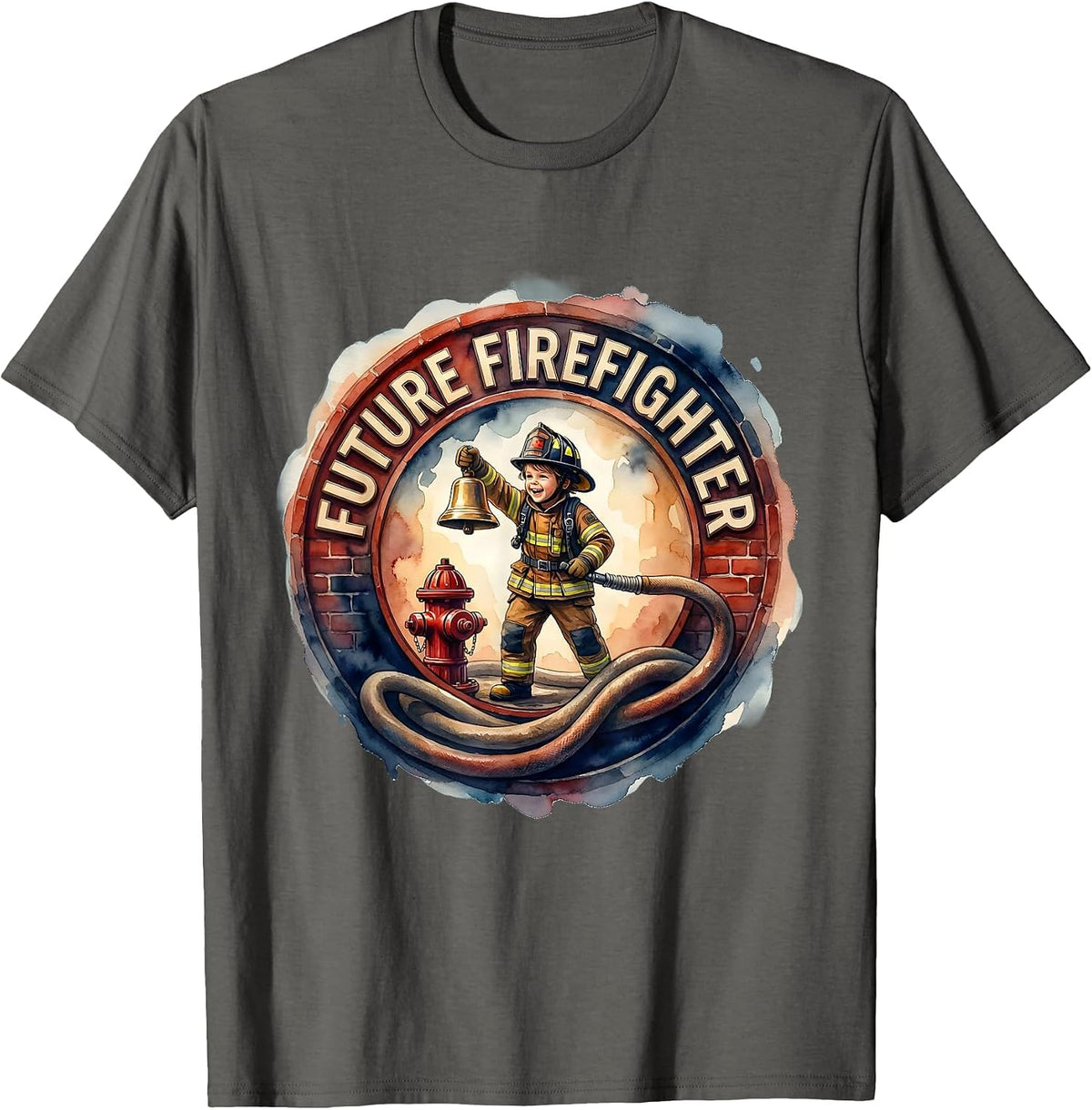 Future Firefighter Watercolor Toddler Boy Birthday Party T-Shirt - Asphalt Grey