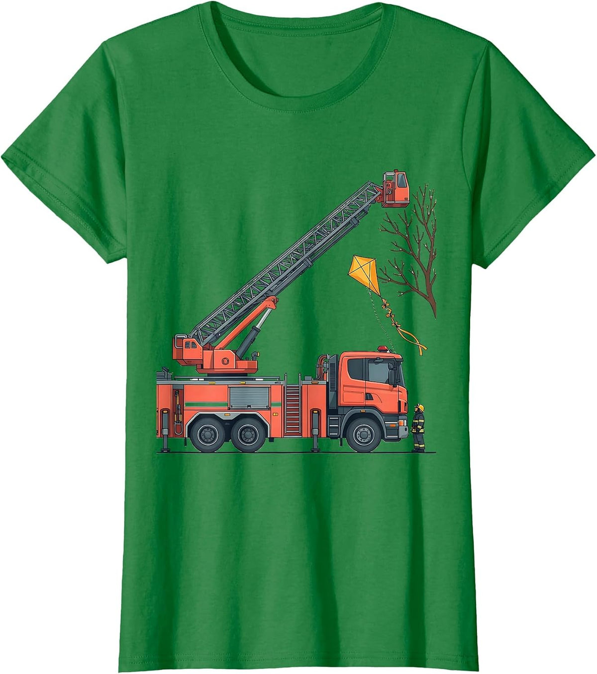 Fire Engine Ladder Rescue Flat Vector Firefighter Humor T-Shirt - Kelly Green