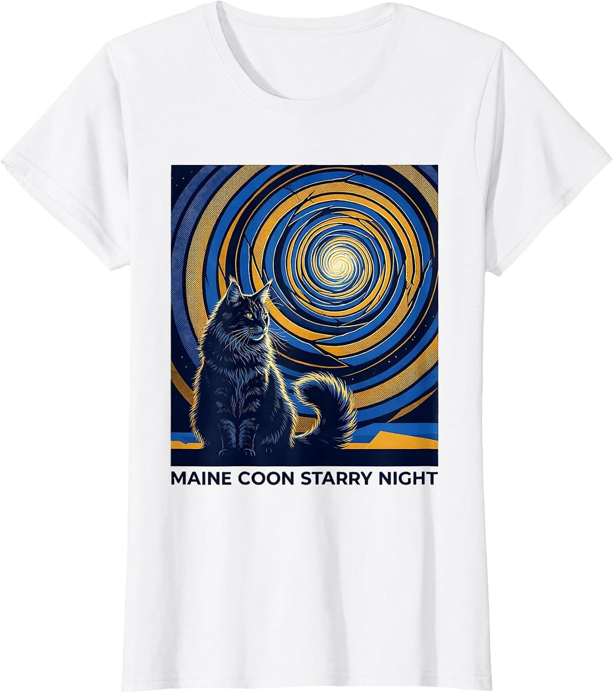 Women's Maine Coon Starry Night Whimsical Van Gogh Cat Lover Art T-Shirt - White