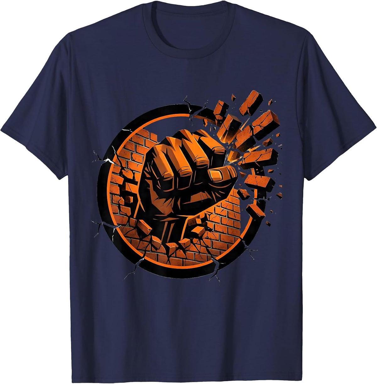 Punk Fist Through Brick Wall Graphic Tee T-Shirt - Navy Blue