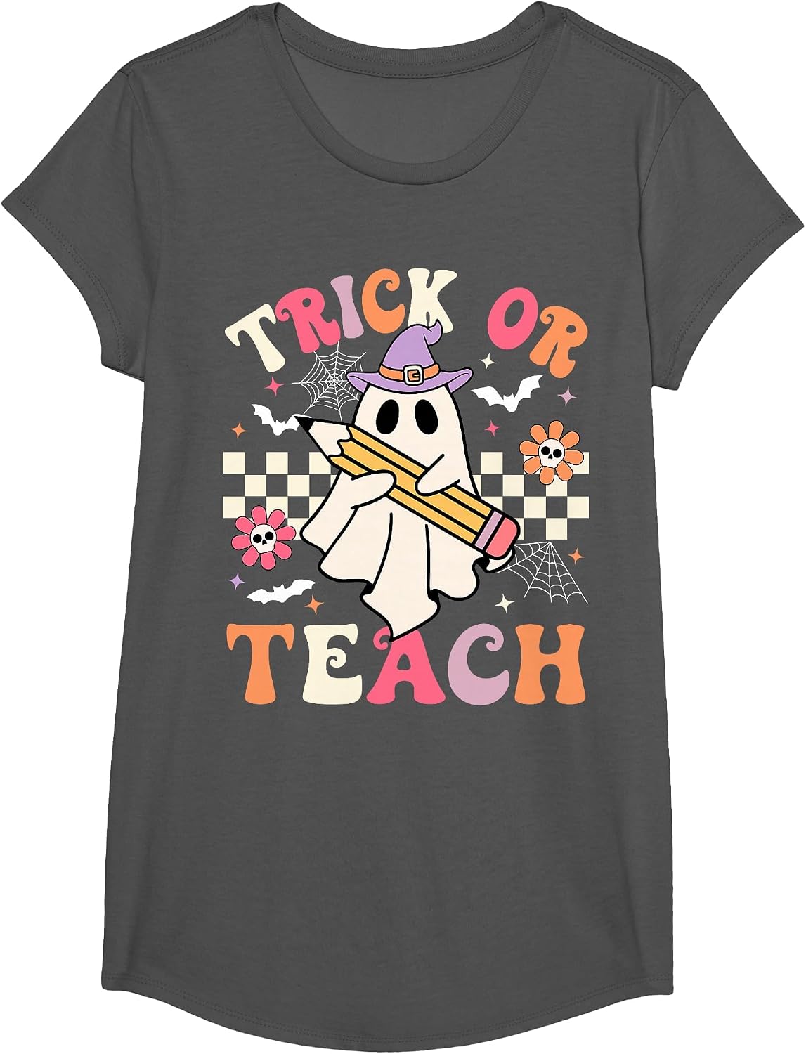 Trick Or Teach Groovy Teacher Halloween Retro Floral Ghost T-Shirt - Girls Asphalt Grey