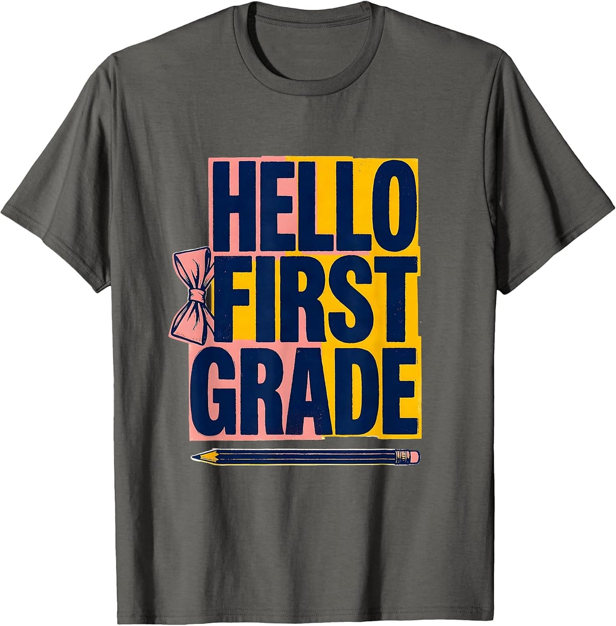 Hello First Grade Cute Coquette Bow Back to School Pencil T-Shirt - Asphalt Grey