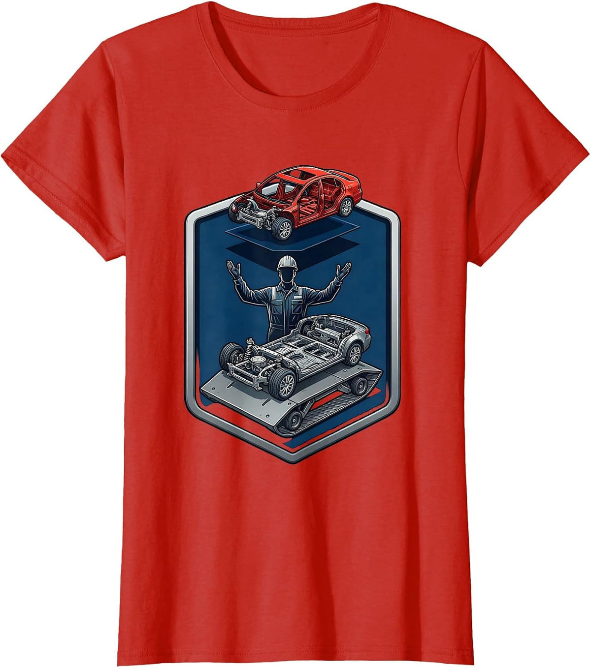 Pit Crew Mechanic Sliding Under Car Creeper T-Shirt - Red