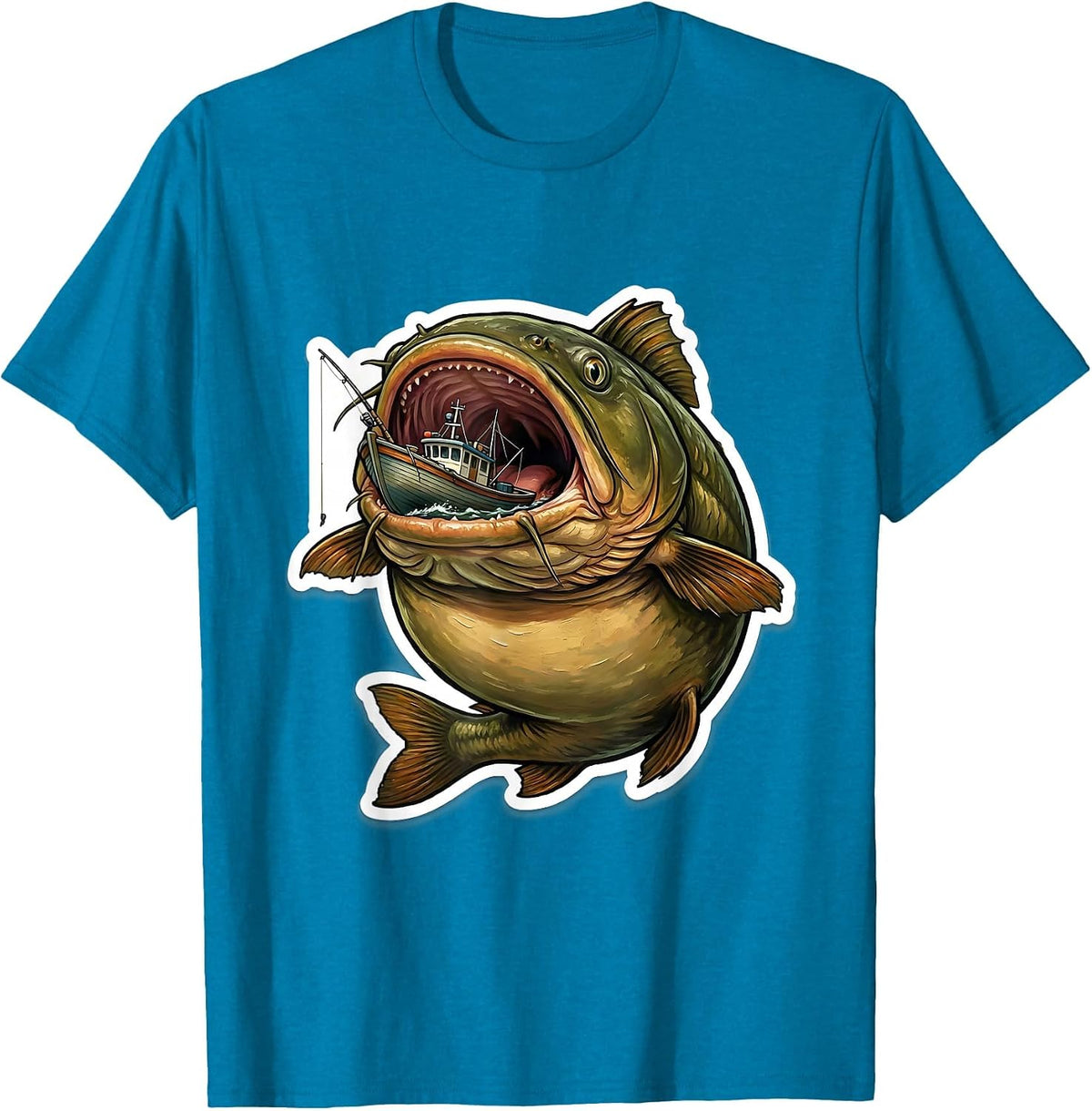 Giant Catfish Swallows Fishing Boat Funny Fishing T-Shirt - Sapphire Blue