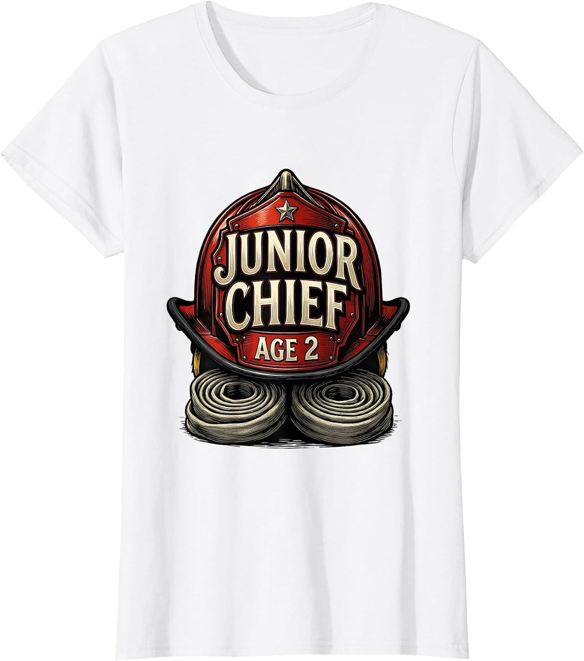 Junior Chief Age 2 Fire Truck Firefighter Birthday Party Boy T-Shirt - White