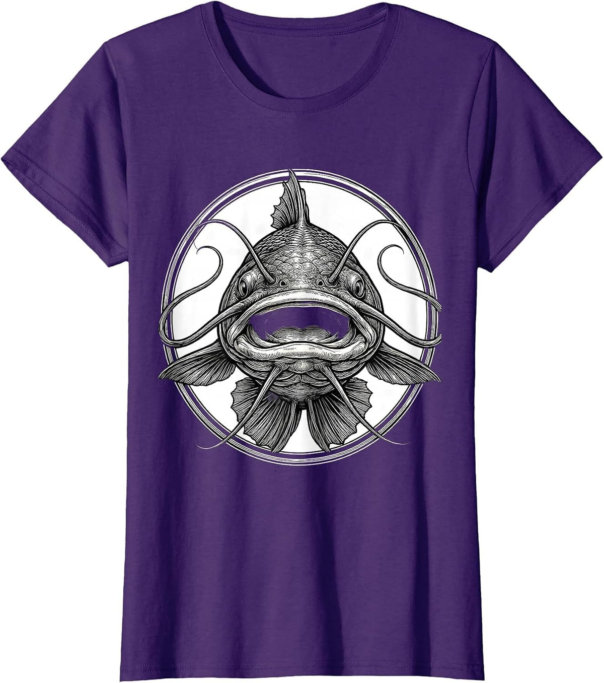 Women's Catfish Face Forward Fishing Graphic Design T-Shirt - Purple