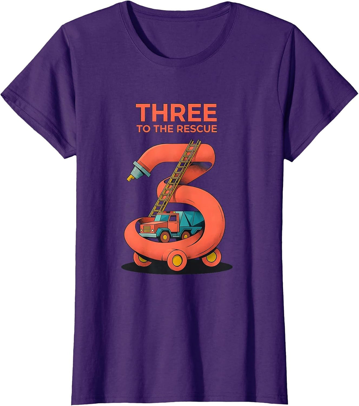 Women's Three To The Rescue Midcentury Modern Fire Truck Kid T-Shirt - Purple