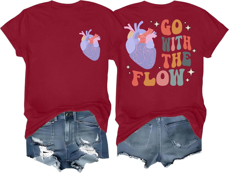 Cardiac Nurse Shirt Cardiac Nurse Tshirt Go with The Flow Heart T-Shirt for Women Men - Wine