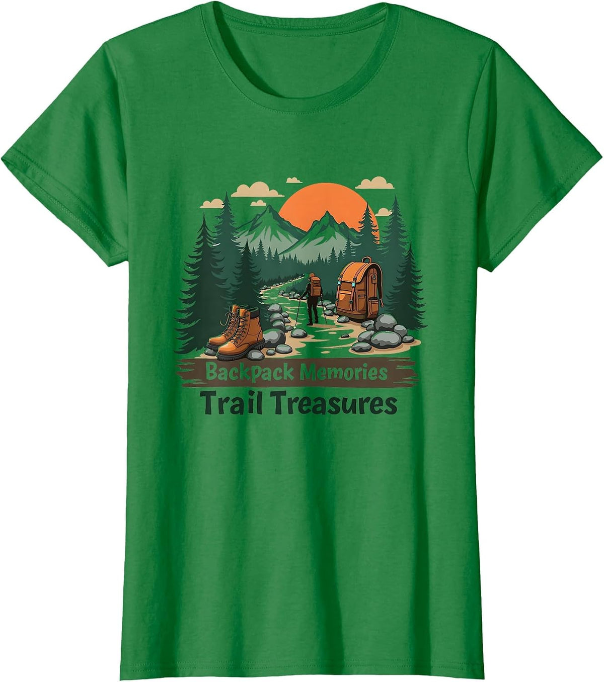 Backpack Memories Trail Treasures Hiking Design T-Shirt - Kelly Green