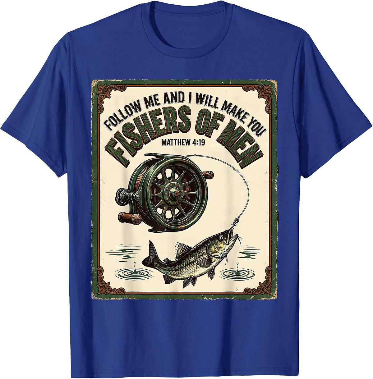 Men's Fishers Of Men Matthew 4:19 Vintage Christian Fishing T-Shirt - Royal Blue