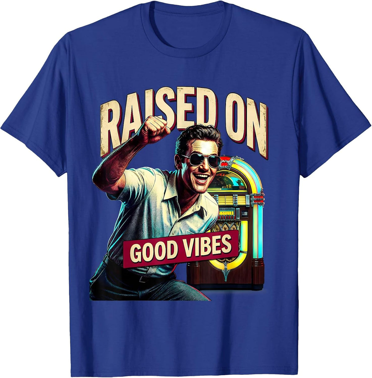 Raised on Good Vibes Retro Graphic Design T-Shirt - Royal Blue