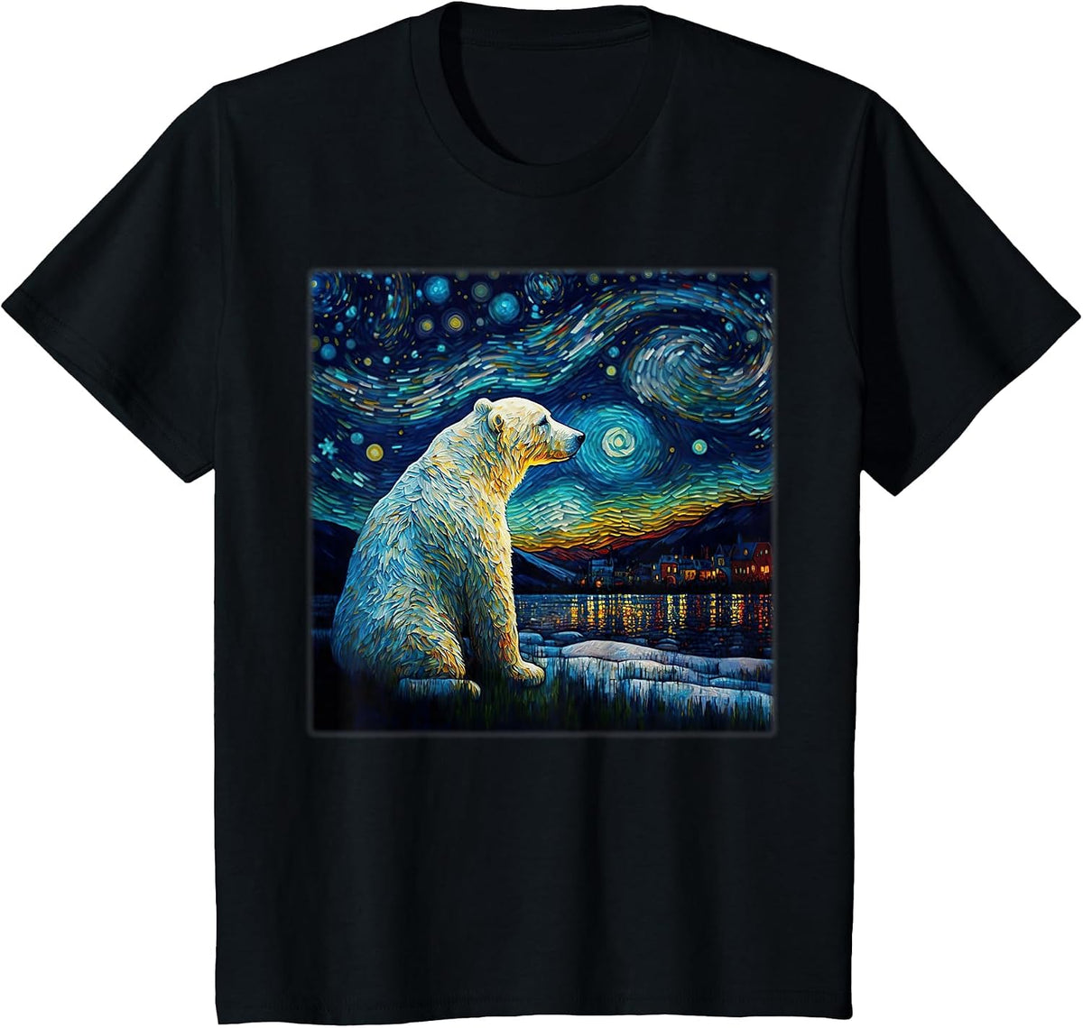 Surrealism Starry Night Polar Bear T-Shirt - Black