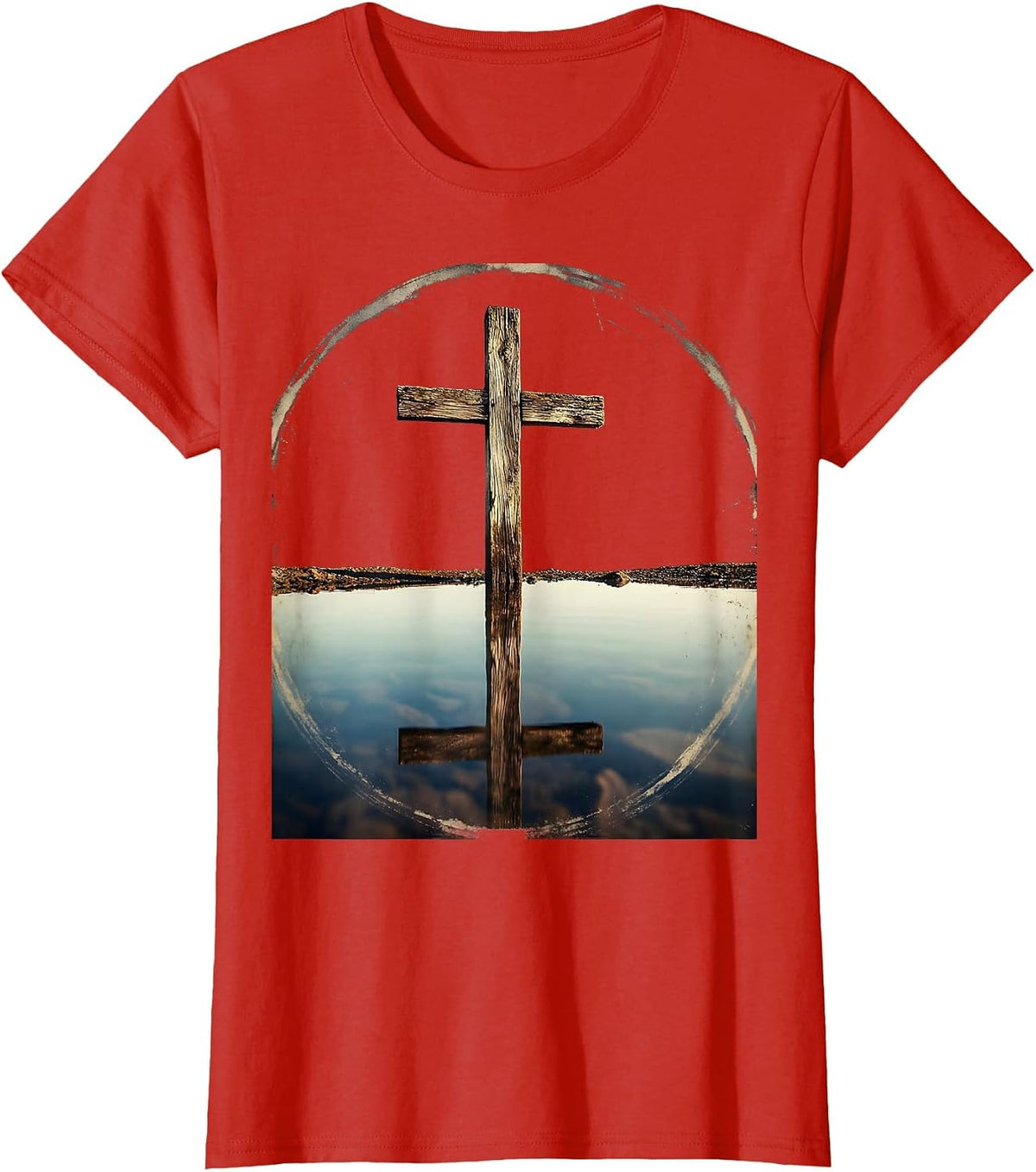 Lone Cross Reflection Christian Faith Design T-Shirt - Red