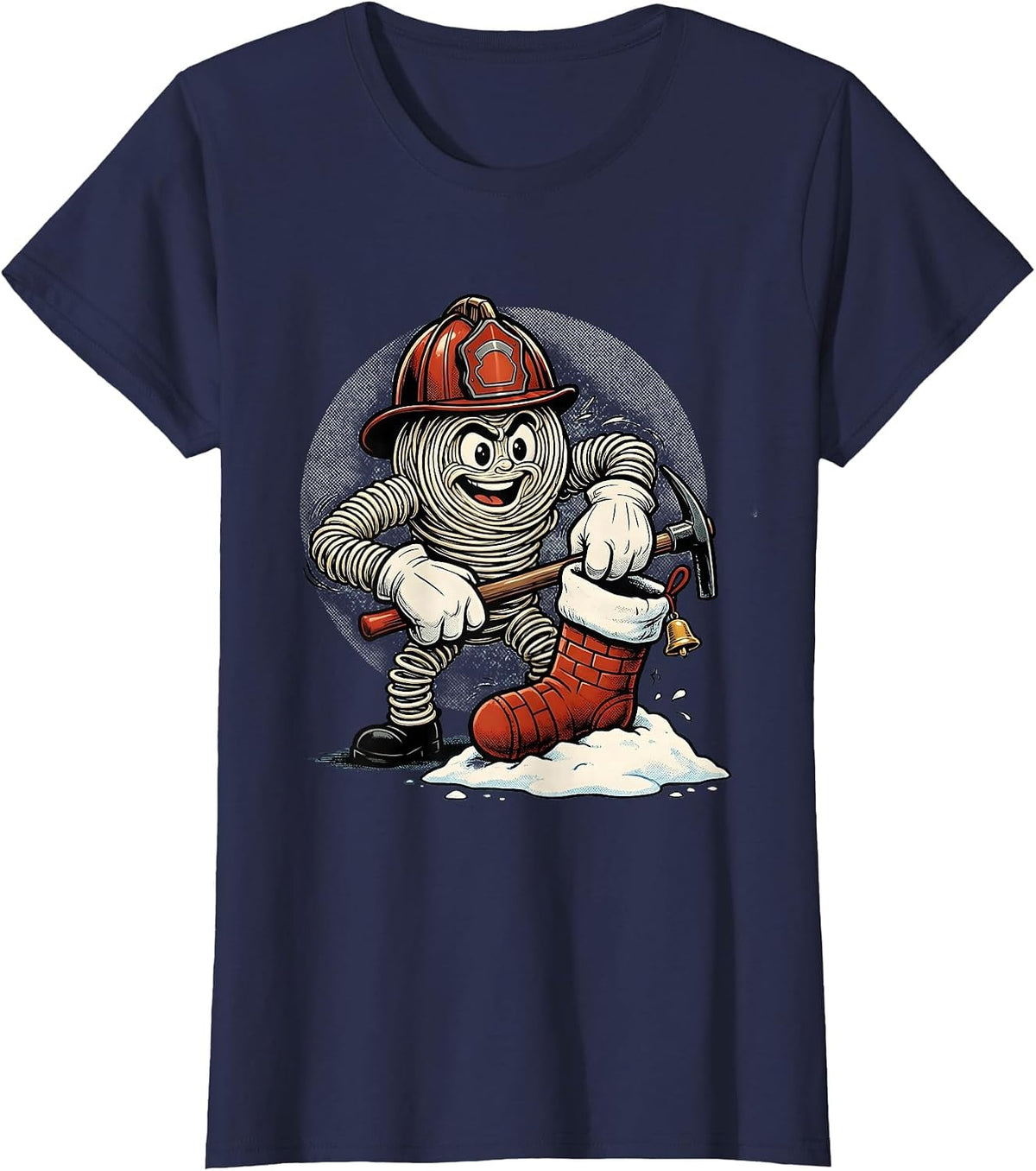Women's Cartoon Firefighter Helmet Rescue Christmas Stocking Retro T-Shirt - Navy Blue