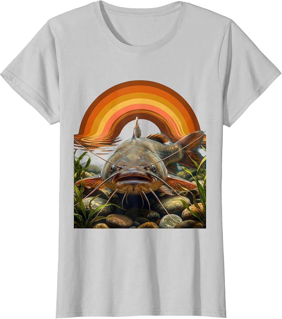 Women's Catfish Long Whiskers Riverbed Fishing Graphic T-Shirt - Silver Grey